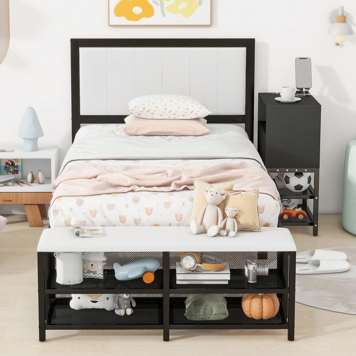 Twin Metal Platform Bed With Double Storage Shelves And Wooden Cabinet In White