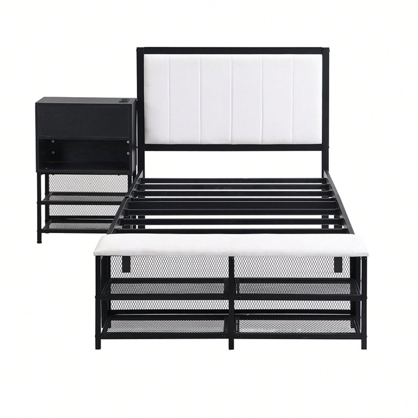 Twin Metal Platform Bed With Double Storage Shelves And Wooden Cabinet In White