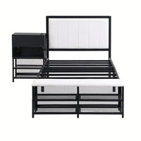 Twin Metal Platform Bed With Double Storage Shelves And Wooden Cabinet In White