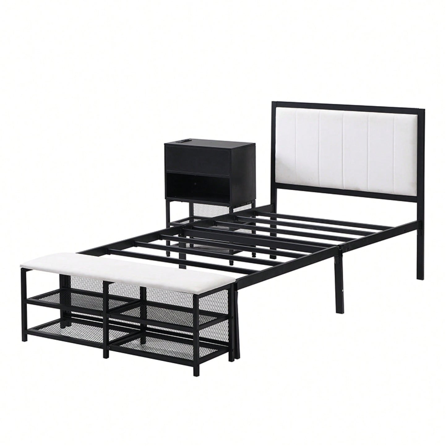 Twin Metal Platform Bed With Double Storage Shelves And Wooden Cabinet In White