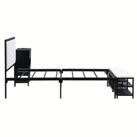 Twin Metal Platform Bed With Double Storage Shelves And Wooden Cabinet In White