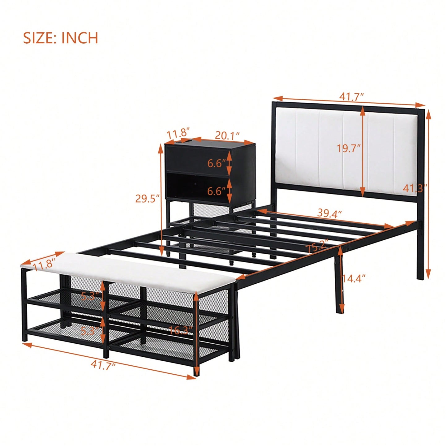 Twin Metal Platform Bed With Double Storage Shelves And Wooden Cabinet In White