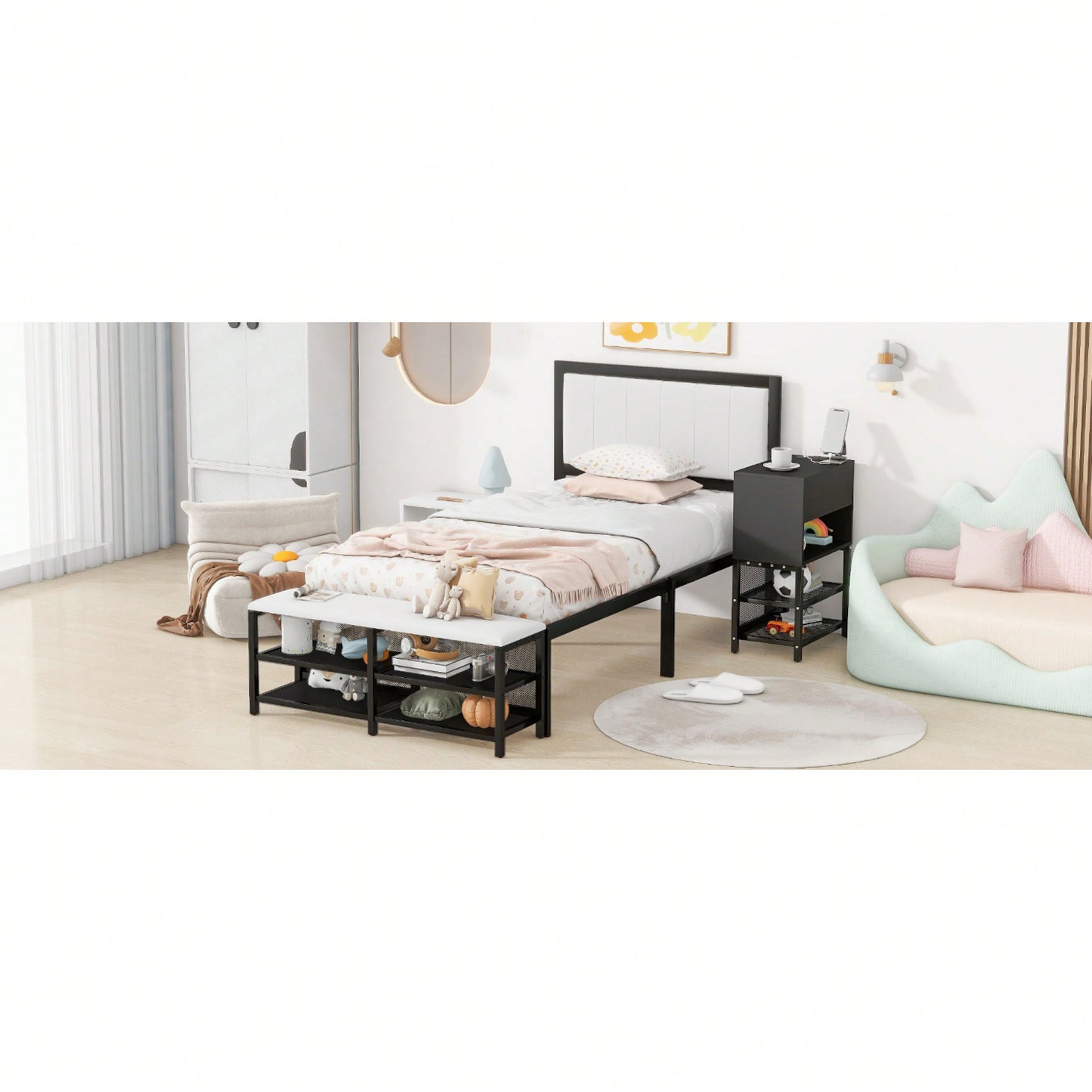 Twin Metal Platform Bed With Double Storage Shelves And Wooden Cabinet In White