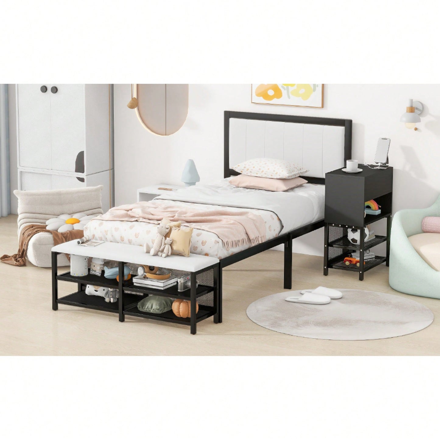 Twin Metal Platform Bed With Double Storage Shelves And Wooden Cabinet In White