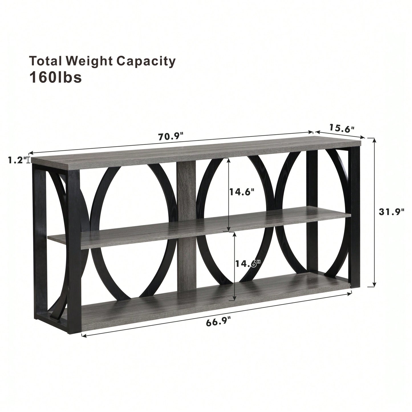 Narrow 3-Tier Industrial Console Table For Entryway Living Room Foyer Hallway With Storage 70.87 Inch Black Finish