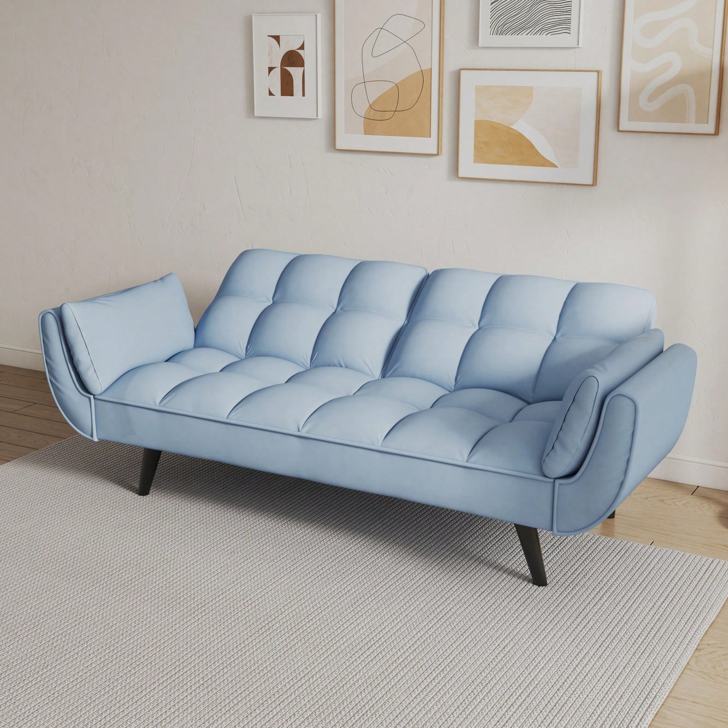 Comfortable Blue Sofa With Two Armrests And Throw Pillows For Small Spaces In Apartment Or Bedroom