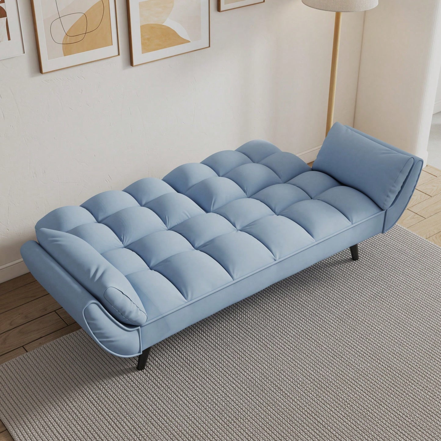 Comfortable Blue Sofa With Two Armrests And Throw Pillows For Small Spaces In Apartment Or Bedroom