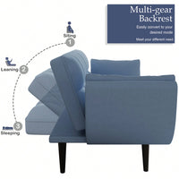 Comfortable Blue Sofa With Two Armrests And Throw Pillows For Small Spaces In Apartment Or Bedroom