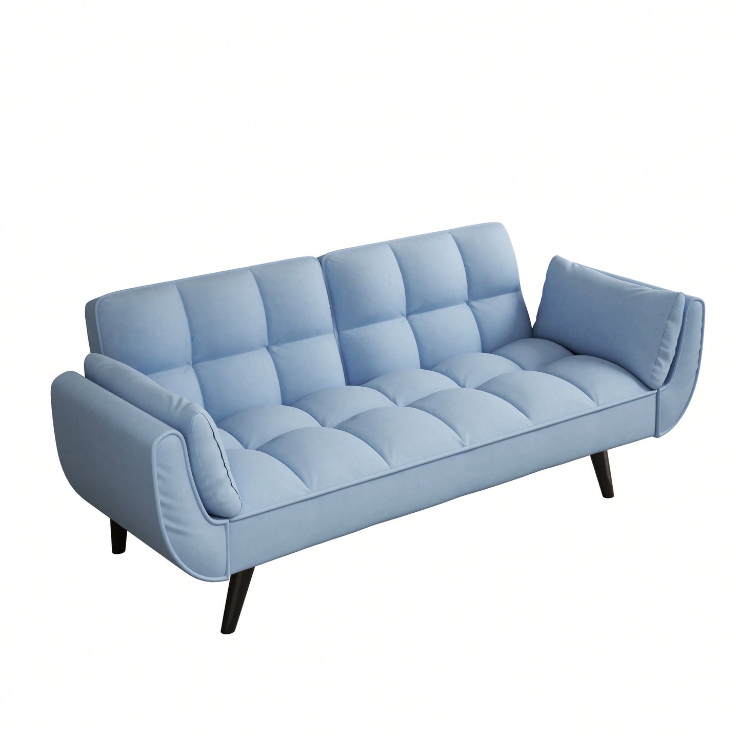 Comfortable Blue Sofa With Two Armrests And Throw Pillows For Small Spaces In Apartment Or Bedroom