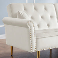 Velvet Tufted Sofa With 2 Pillows And Nailhead Trim For Elegant Living Room Decor Beige