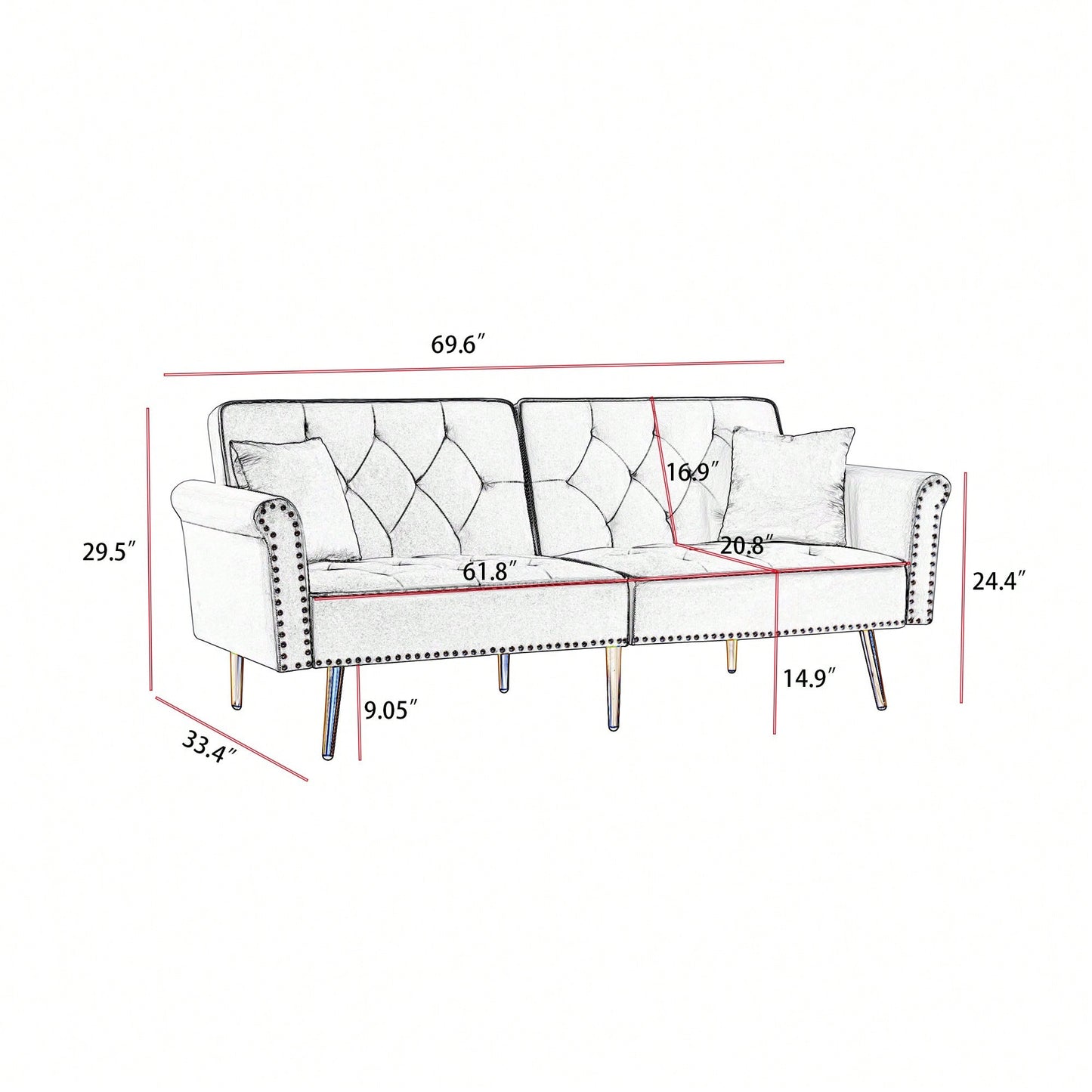 Velvet Tufted Sofa With 2 Pillows And Nailhead Trim For Elegant Living Room Decor Beige