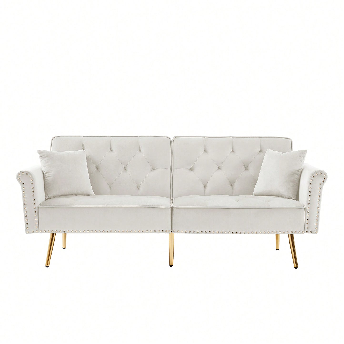 Velvet Tufted Sofa With 2 Pillows And Nailhead Trim For Elegant Living Room Decor Beige