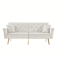 Velvet Tufted Sofa With 2 Pillows And Nailhead Trim For Elegant Living Room Decor Beige