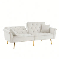 Velvet Tufted Sofa With 2 Pillows And Nailhead Trim For Elegant Living Room Decor Beige