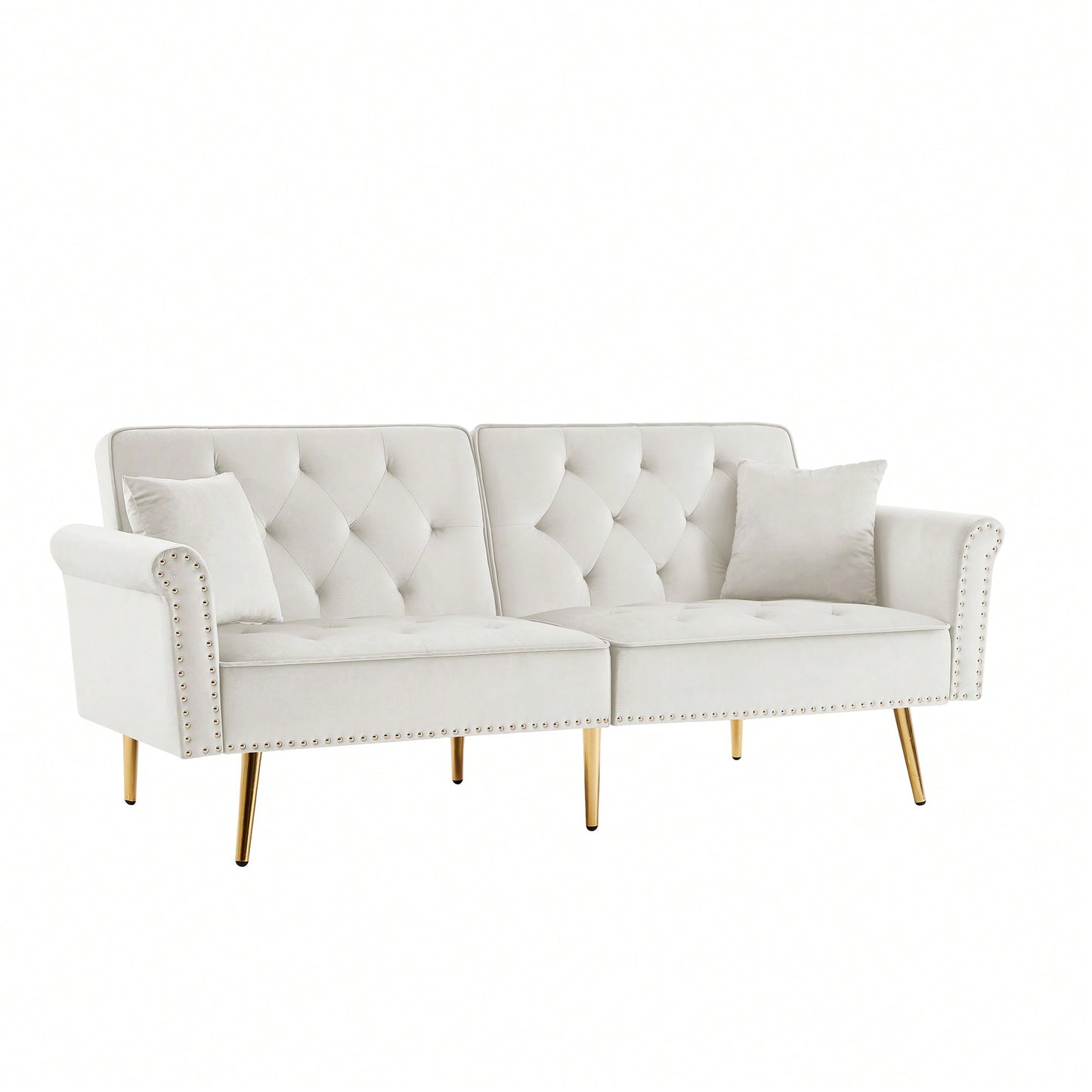 Velvet Tufted Sofa With 2 Pillows And Nailhead Trim For Elegant Living Room Decor Beige