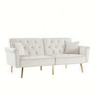 Velvet Tufted Sofa With 2 Pillows And Nailhead Trim For Elegant Living Room Decor Beige