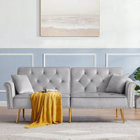 Velvet Tufted Sofa With 2 Pillows And Nailhead Trim For Elegant Living Room Decor Beige