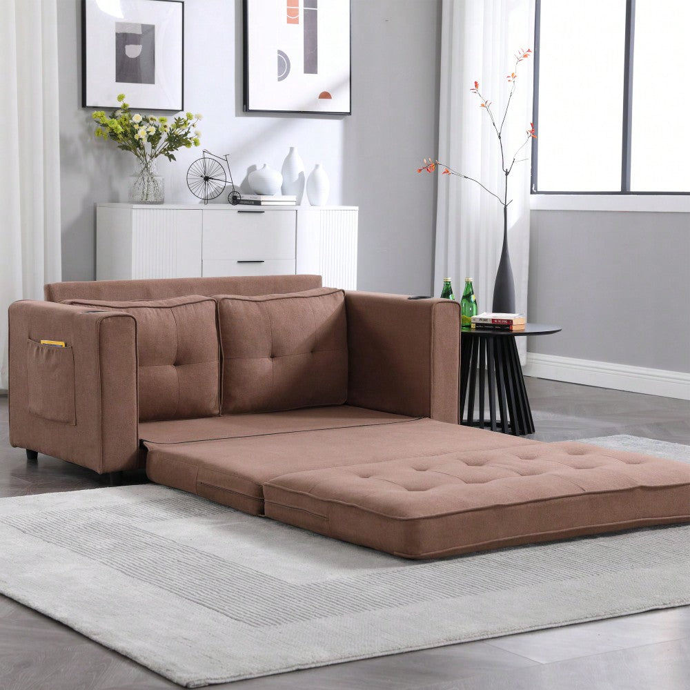 3-In-1 Convertible Upholstered Futon Sofa Bed With Foldable Design And Side Pockets For Living Room, Brown