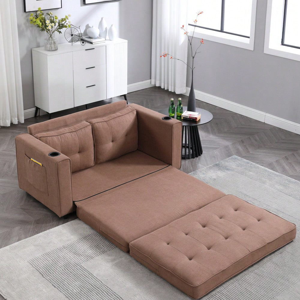 3-In-1 Convertible Upholstered Futon Sofa Bed With Foldable Design And Side Pockets For Living Room, Brown