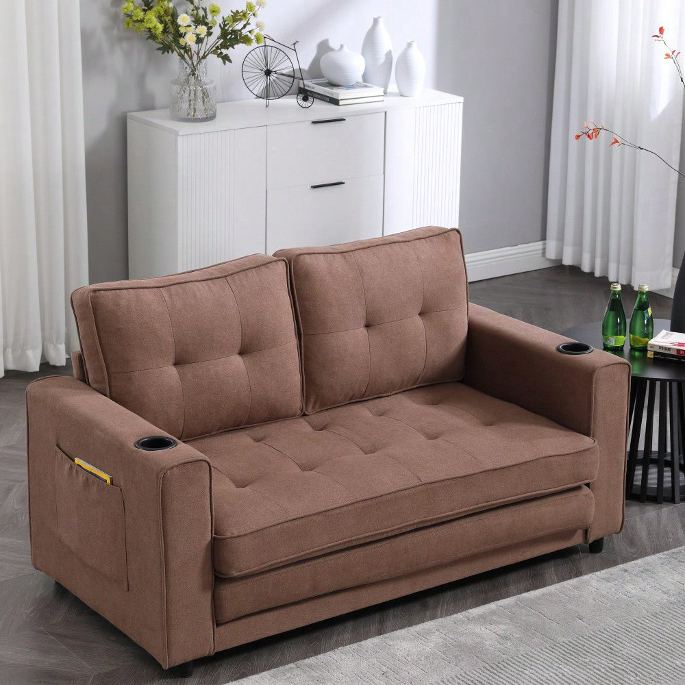 3-In-1 Convertible Upholstered Futon Sofa Bed With Foldable Design And Side Pockets For Living Room, Brown