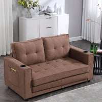 3-In-1 Convertible Upholstered Futon Sofa Bed With Foldable Design And Side Pockets For Living Room, Brown