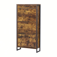 Slim Freestanding Shoe Storage Cabinet With 3 Flip Drawers And Metal Handle For Entryway And Living Room In Rustic Brown