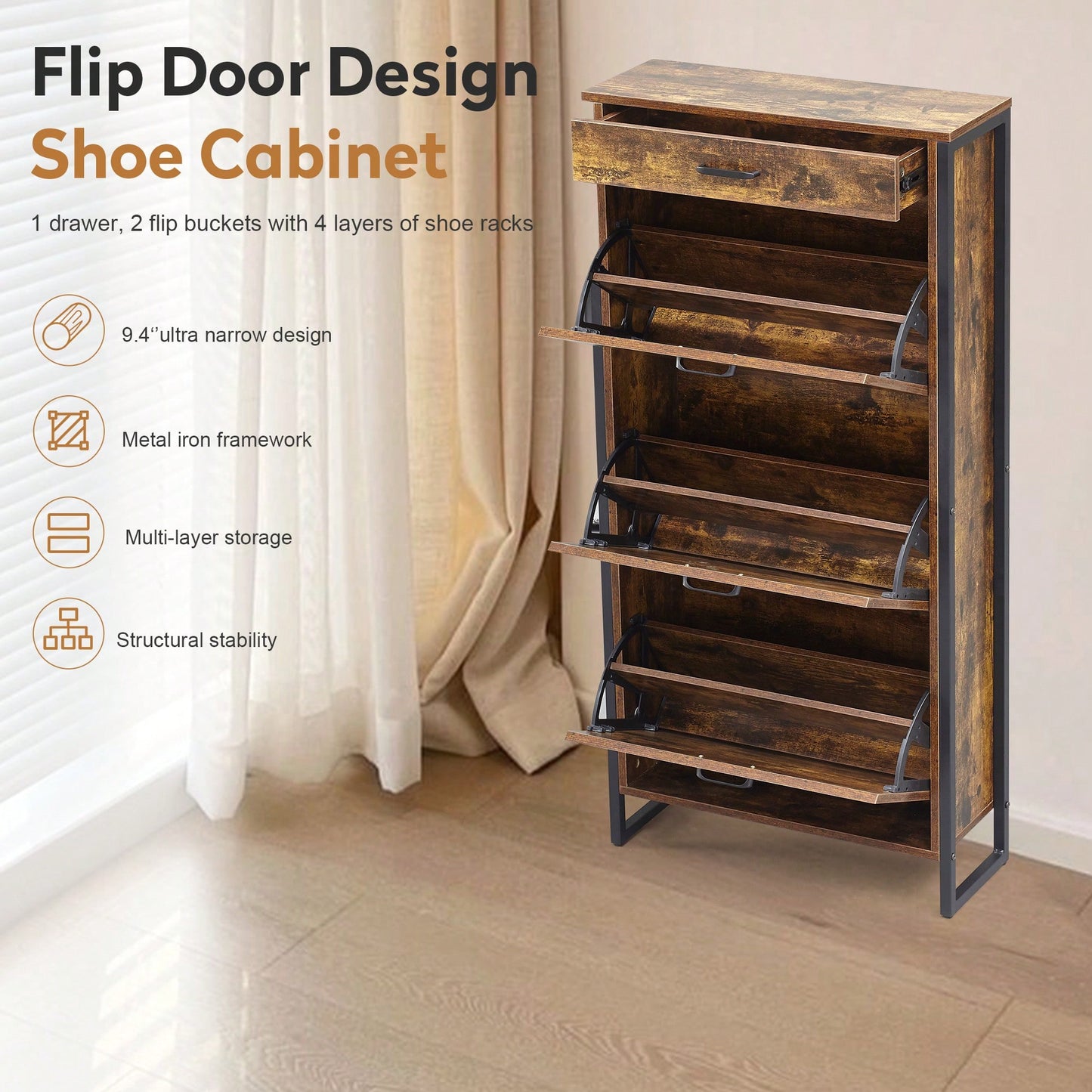 Slim Freestanding Shoe Storage Cabinet With 3 Flip Drawers And Metal Handle For Entryway And Living Room In Rustic Brown