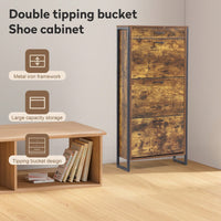 Slim Freestanding Shoe Storage Cabinet With 3 Flip Drawers And Metal Handle For Entryway And Living Room In Rustic Brown