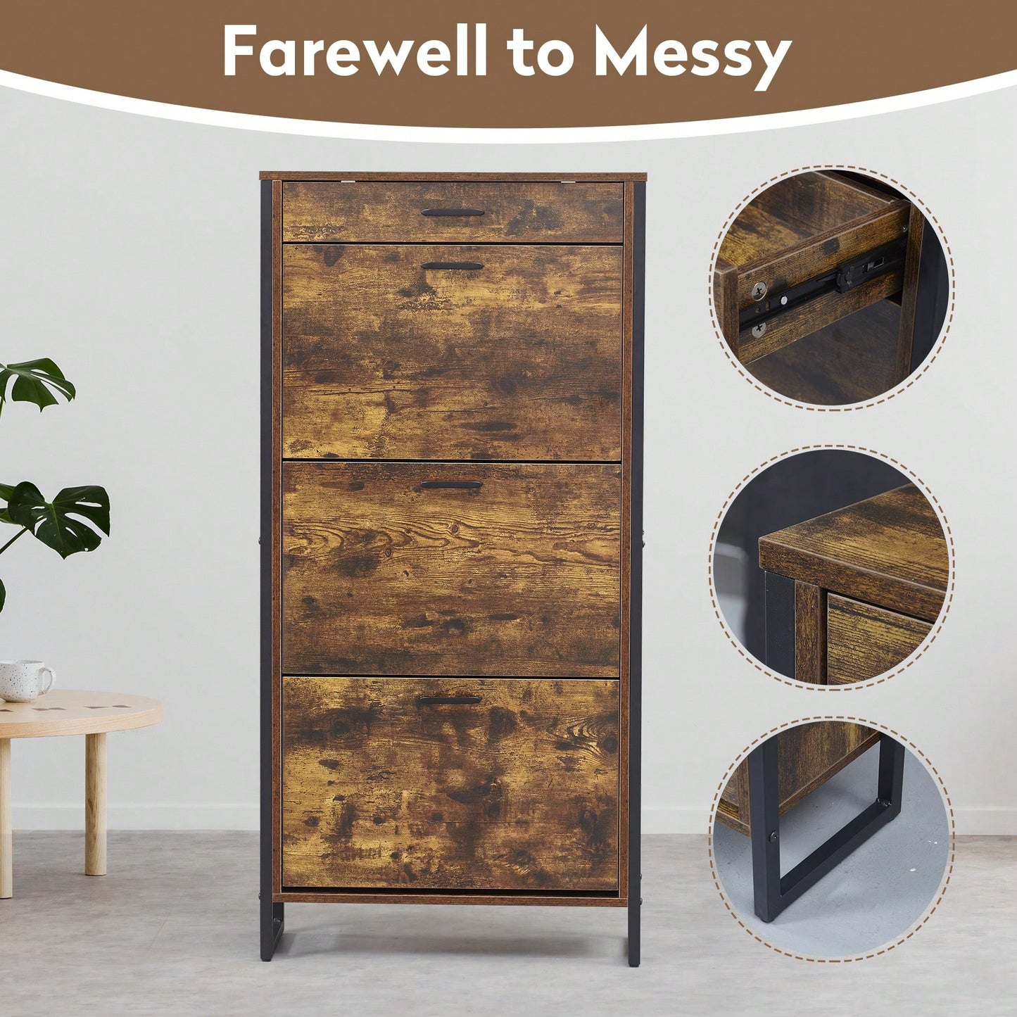 Slim Freestanding Shoe Storage Cabinet With 3 Flip Drawers And Metal Handle For Entryway And Living Room In Rustic Brown