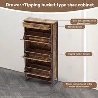 Slim Freestanding Shoe Storage Cabinet With 3 Flip Drawers And Metal Handle For Entryway And Living Room In Rustic Brown