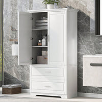 Tall White Bathroom Storage Cabinet With Two Doors And Drawers Adjustable Shelf MDF Board