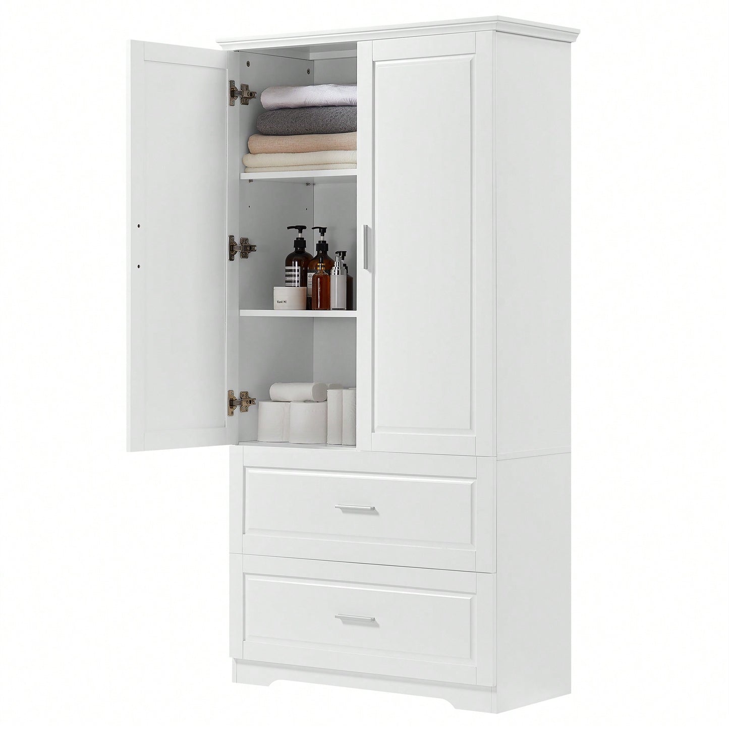 Tall White Bathroom Storage Cabinet With Two Doors And Drawers Adjustable Shelf MDF Board