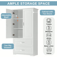 Tall White Bathroom Storage Cabinet With Two Doors And Drawers Adjustable Shelf MDF Board