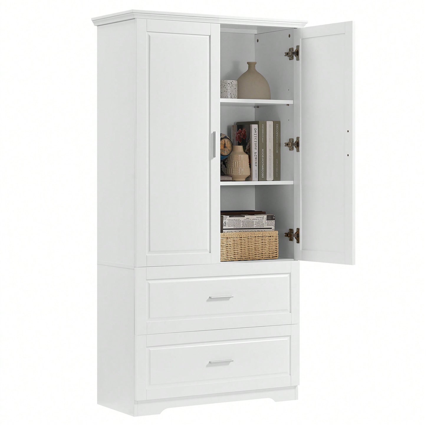 Tall White Bathroom Storage Cabinet With Two Doors And Drawers Adjustable Shelf MDF Board