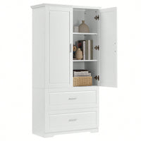 Tall White Bathroom Storage Cabinet With Two Doors And Drawers Adjustable Shelf MDF Board