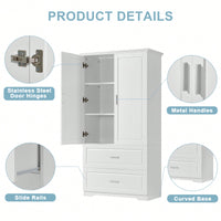 Tall White Bathroom Storage Cabinet With Two Doors And Drawers Adjustable Shelf MDF Board