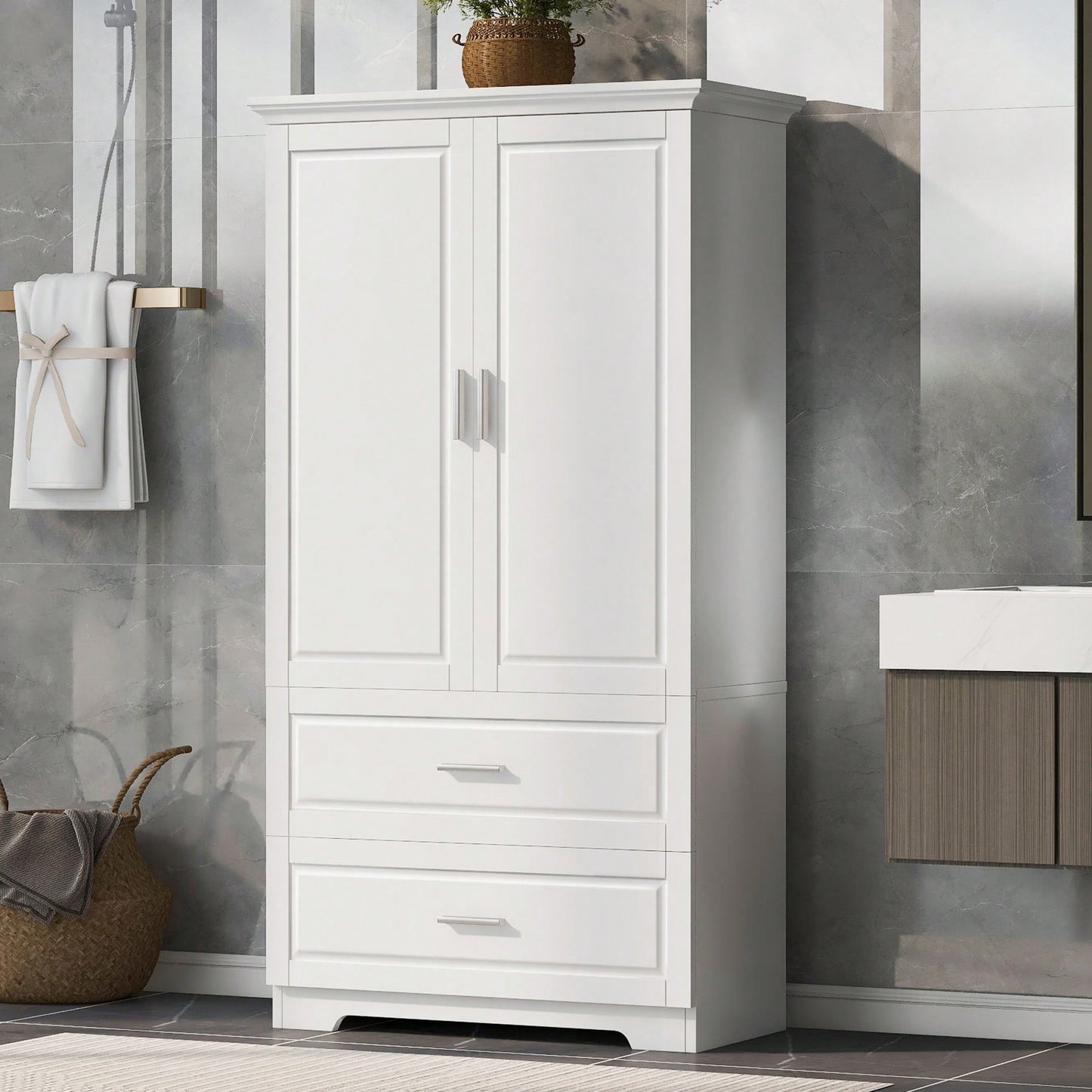 Tall White Bathroom Storage Cabinet With Two Doors And Drawers Adjustable Shelf MDF Board