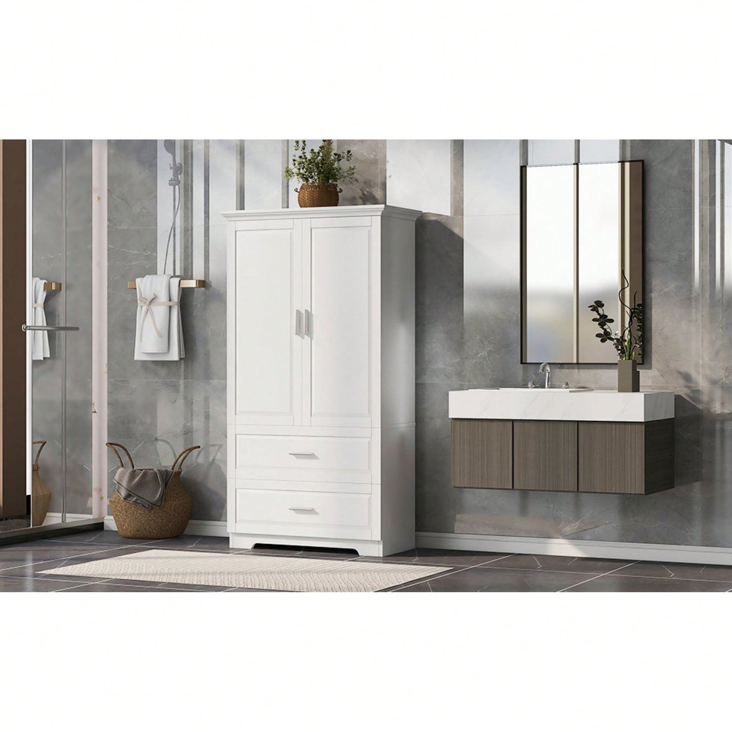 Tall White Bathroom Storage Cabinet With Two Doors And Drawers Adjustable Shelf MDF Board