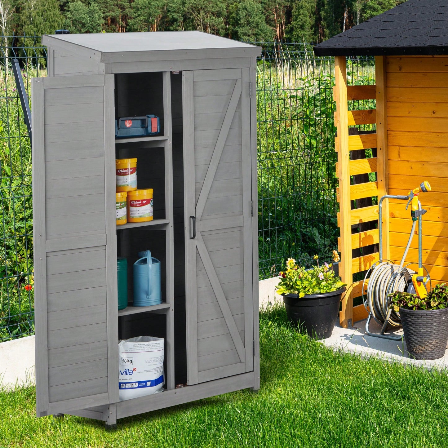 Outdoor Wooden Garden Storage Shed With Metal Top For Patio And Yard, 68 Inches Tall