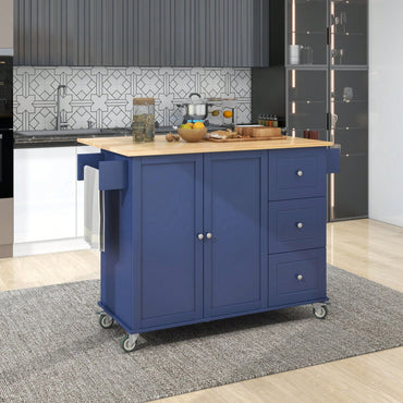 Mobile Kitchen Island With Drop Leaf Solid Wood Top Locking Wheels And Storage Cabinet Dark Blue 52.7 Inch Width