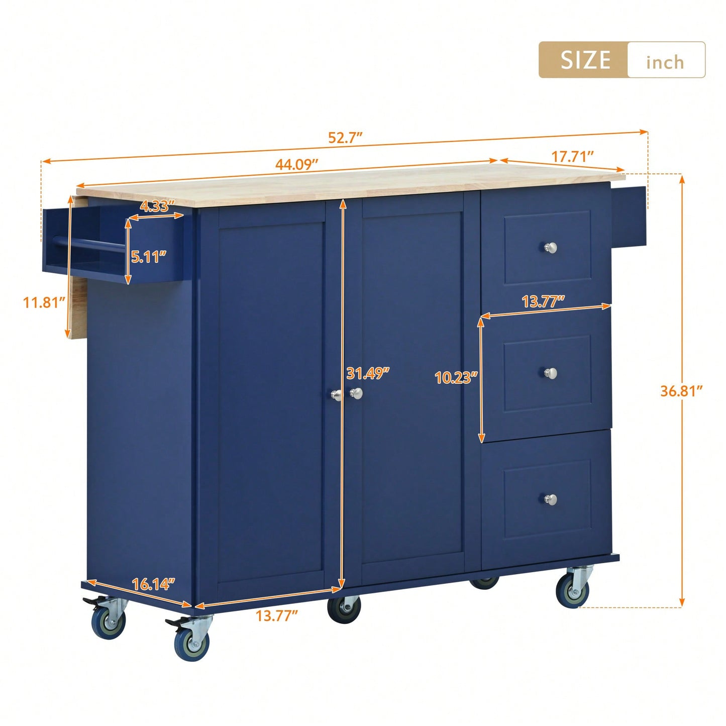 Mobile Kitchen Island With Drop Leaf Solid Wood Top Locking Wheels And Storage Cabinet Dark Blue 52.7 Inch Width