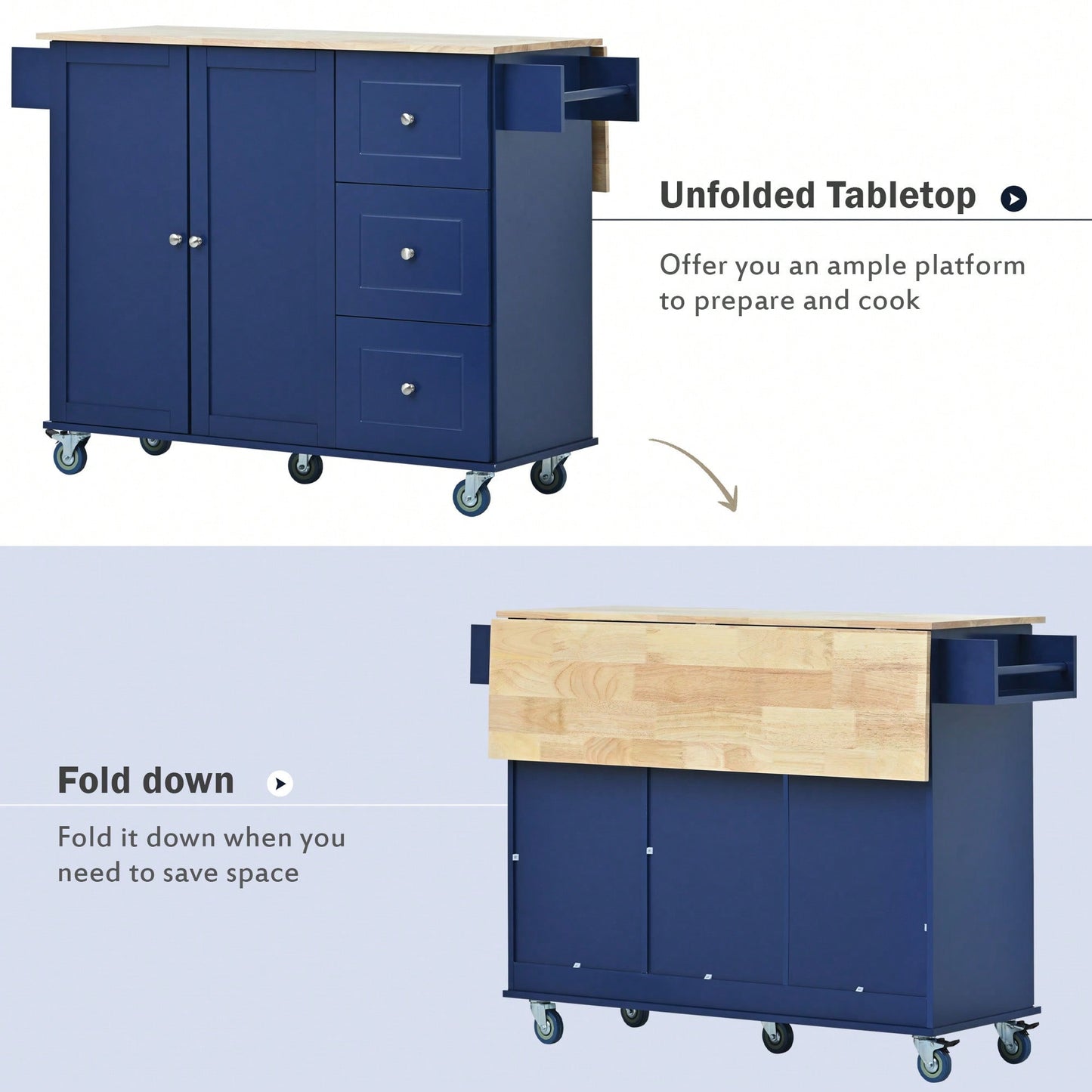 Mobile Kitchen Island With Drop Leaf Solid Wood Top Locking Wheels And Storage Cabinet Dark Blue 52.7 Inch Width