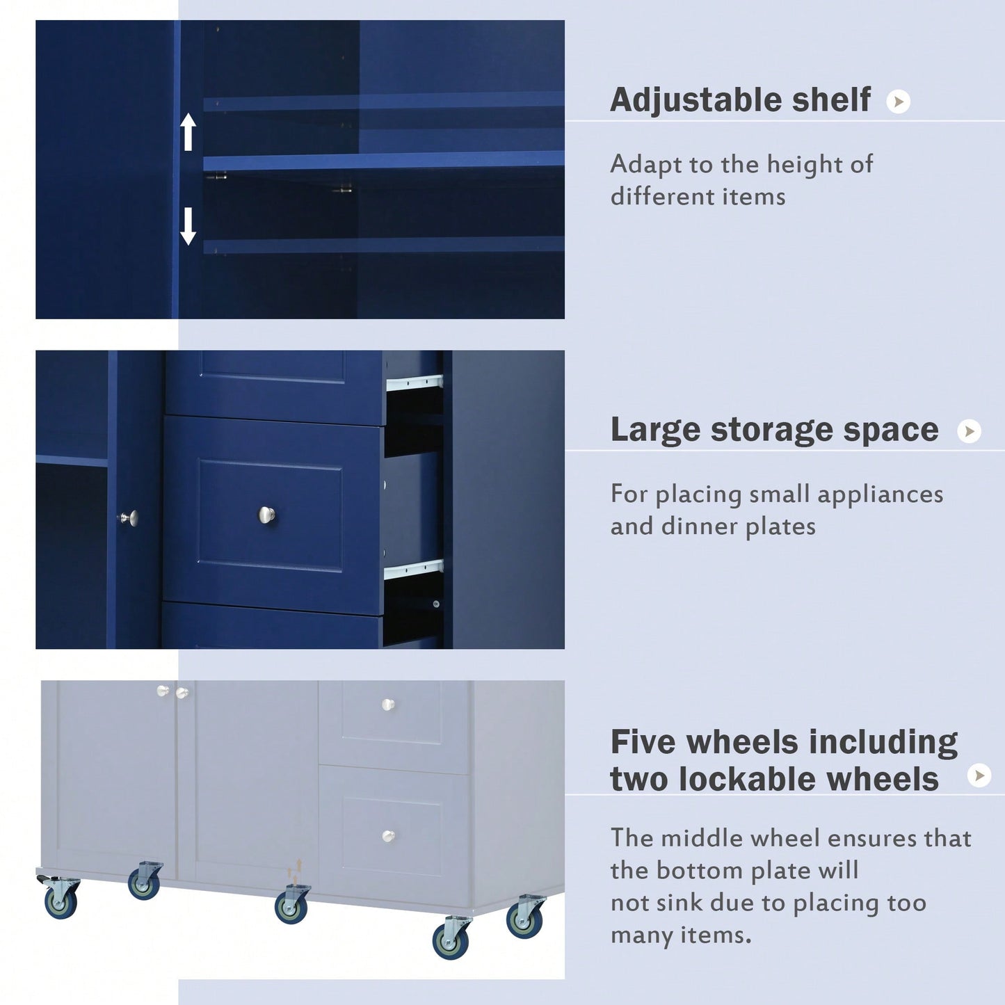 Mobile Kitchen Island With Drop Leaf Solid Wood Top Locking Wheels And Storage Cabinet Dark Blue 52.7 Inch Width