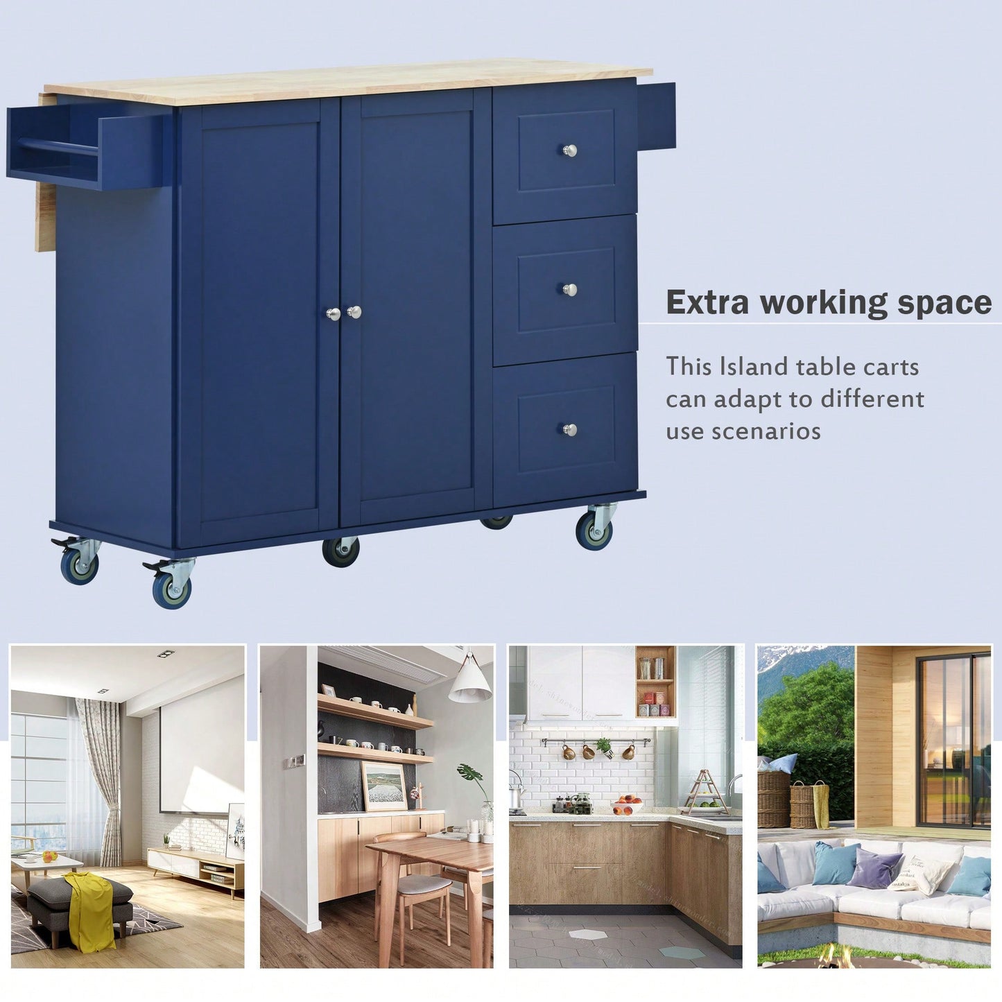 Mobile Kitchen Island With Drop Leaf Solid Wood Top Locking Wheels And Storage Cabinet Dark Blue 52.7 Inch Width