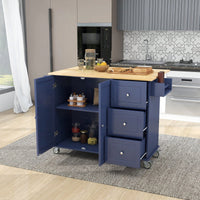 Mobile Kitchen Island With Drop Leaf Solid Wood Top Locking Wheels And Storage Cabinet Dark Blue 52.7 Inch Width