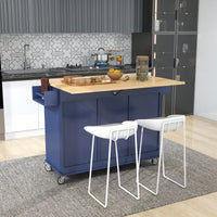 Mobile Kitchen Island With Drop Leaf Solid Wood Top Locking Wheels And Storage Cabinet Dark Blue 52.7 Inch Width