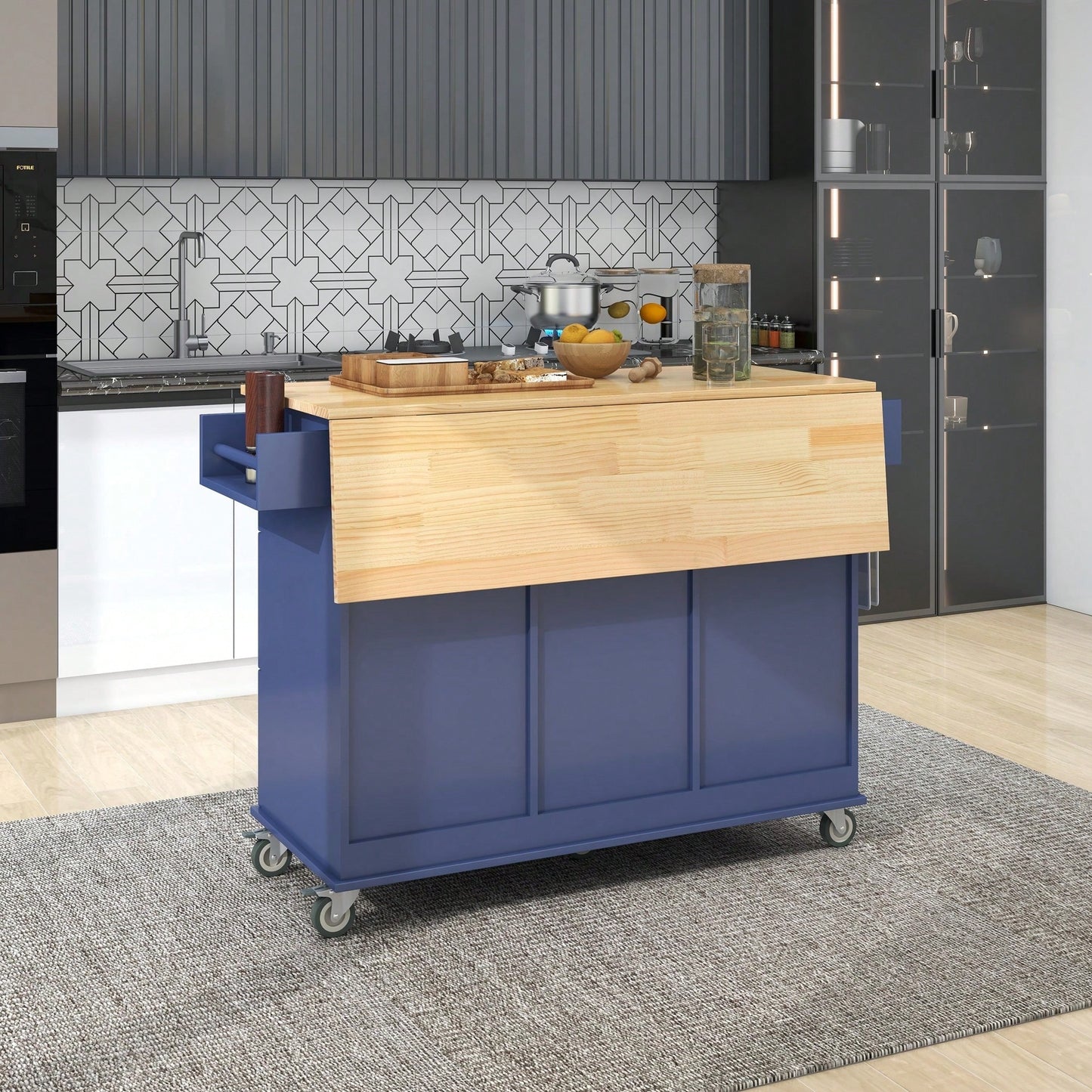 Mobile Kitchen Island With Drop Leaf Solid Wood Top Locking Wheels And Storage Cabinet Dark Blue 52.7 Inch Width