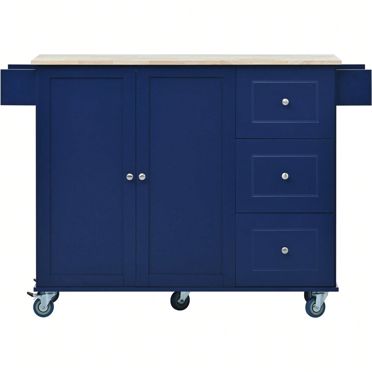 Mobile Kitchen Island With Drop Leaf Solid Wood Top Locking Wheels And Storage Cabinet Dark Blue 52.7 Inch Width