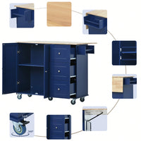 Mobile Kitchen Island With Drop Leaf Solid Wood Top Locking Wheels And Storage Cabinet Dark Blue 52.7 Inch Width