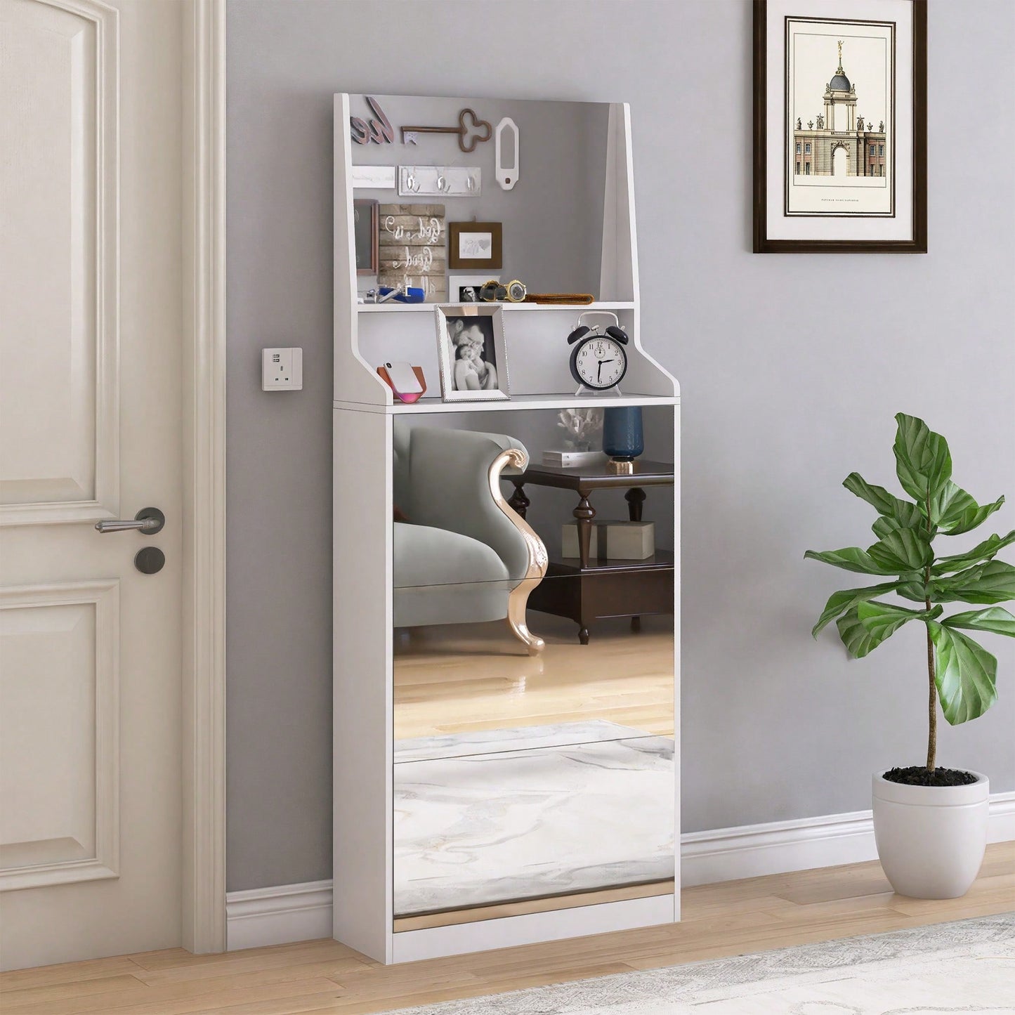 Stylish Vertical Shoe Storage Cabinet With 3 Mirrors For Entryway And Bedroom In White Finish